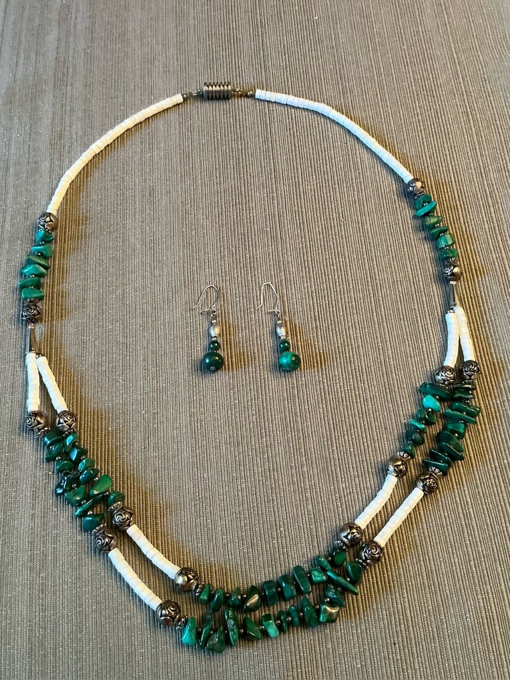 Handcrafted Green Bead Multi-Strand Necklace with Matching Earrings